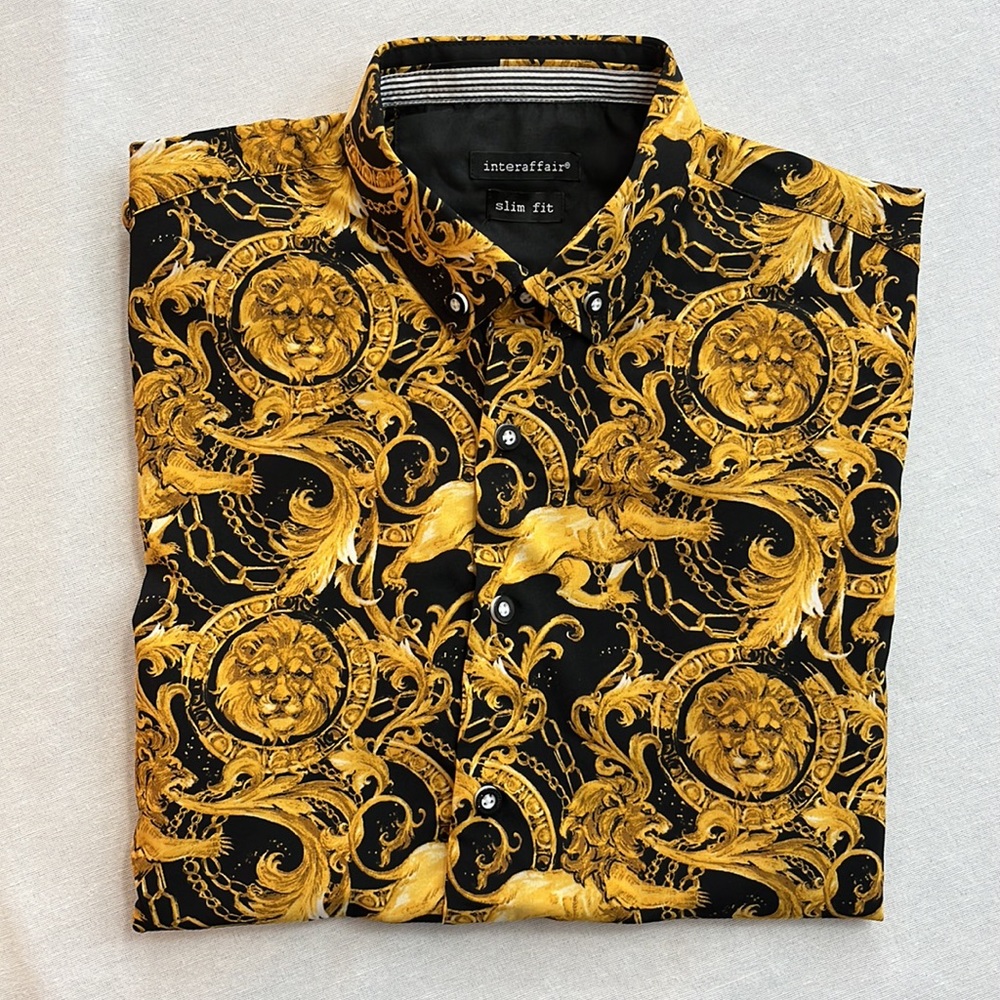 Interaffair Black & Gold Lion Stretch SS Button Down Shirt Men’s Slim Fit S